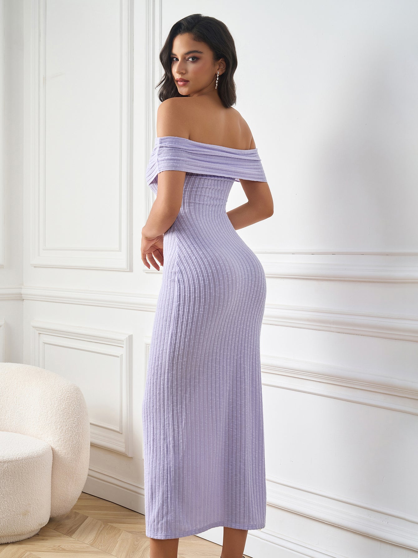 Elegant Solid Knitted Off-Shoulder Bodycon Maxi Dress