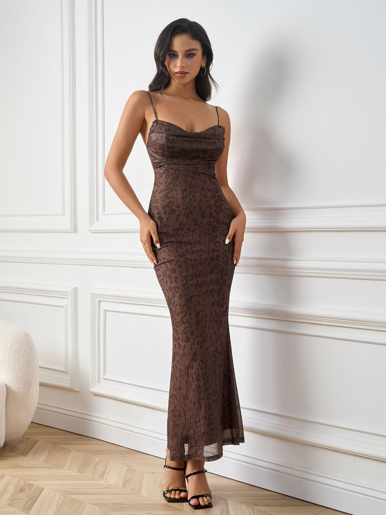 Mesh Printed Ruched Strap Bodycon Dress