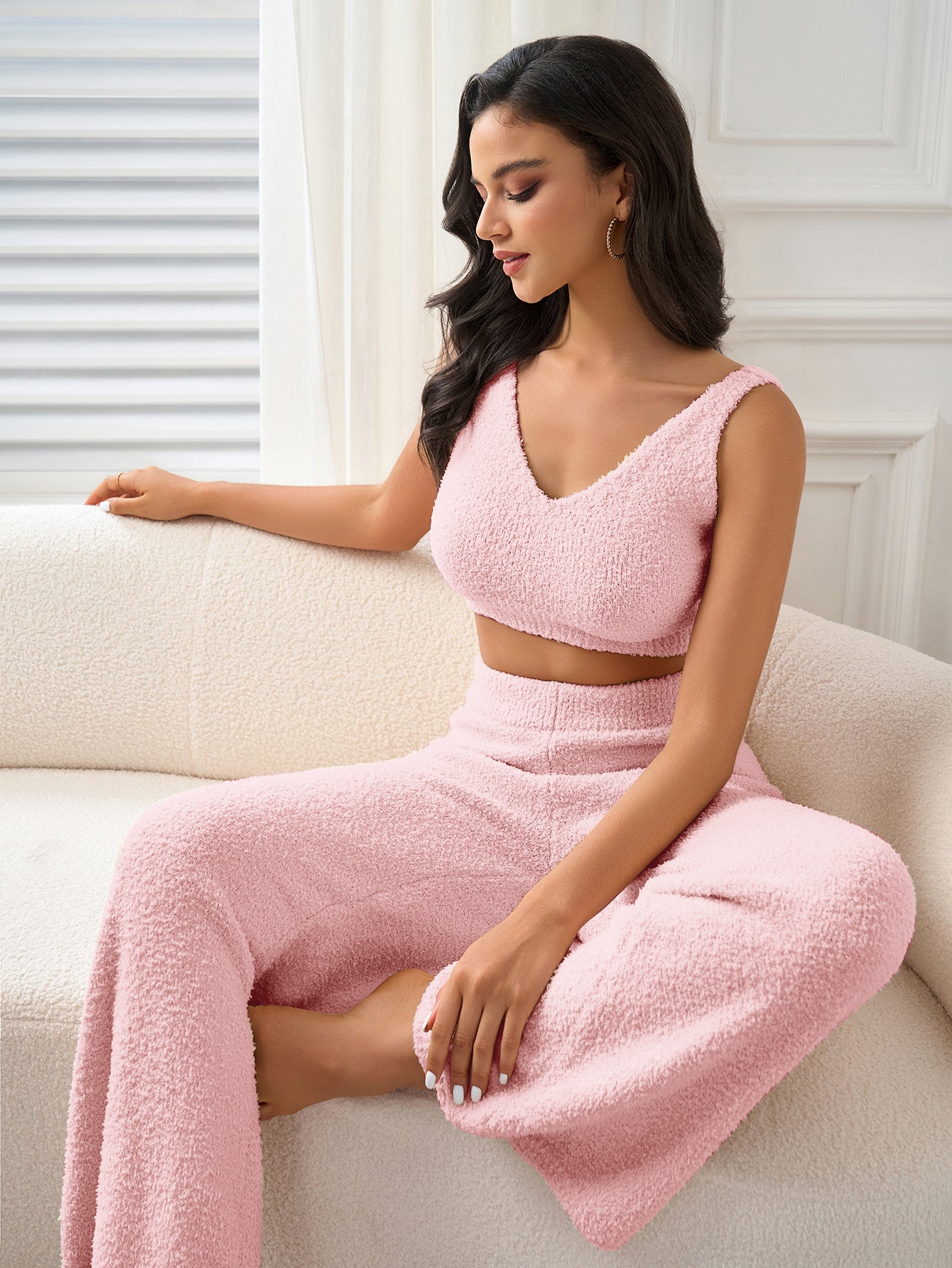 Solid V-Neck Top And Pants Set