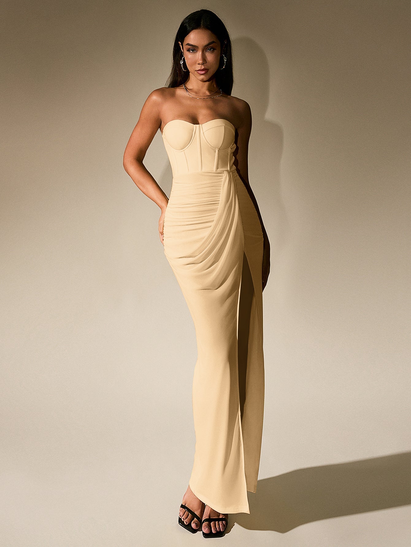 Temperament Mesh Solid High Slit Strapless Ruched Maxi Dress