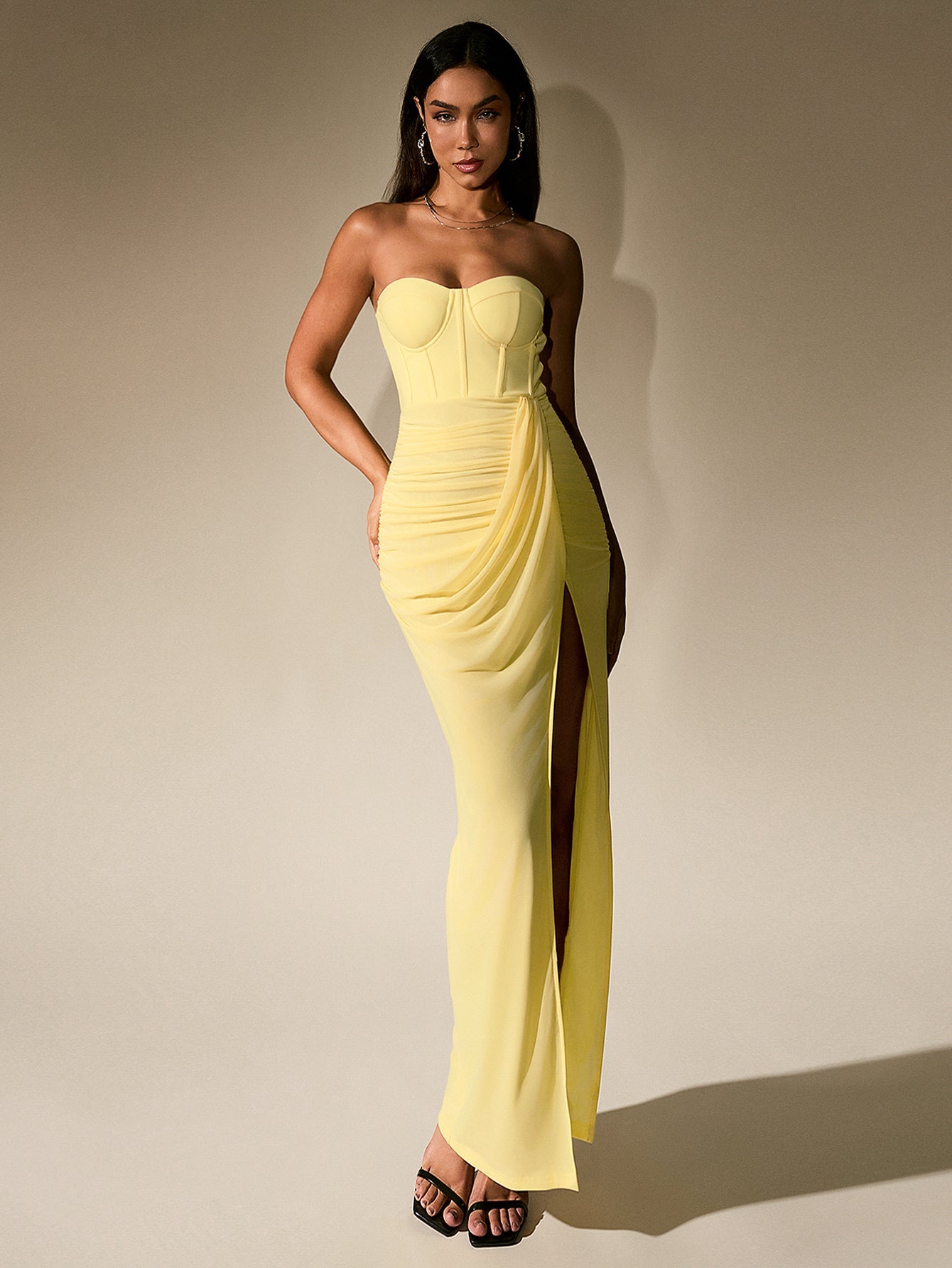 Temperament Mesh Solid High Slit Strapless Ruched Maxi Dress