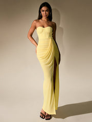 Temperament Mesh Solid High Slit Strapless Ruched Maxi Dress