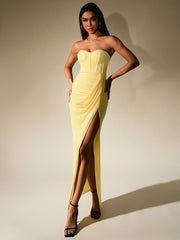 Temperament Mesh Solid High Slit Strapless Ruched Maxi Dress