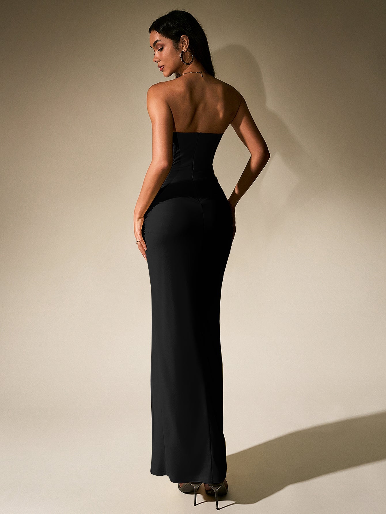 Temperament Mesh Solid High Slit Strapless Ruched Maxi Dress