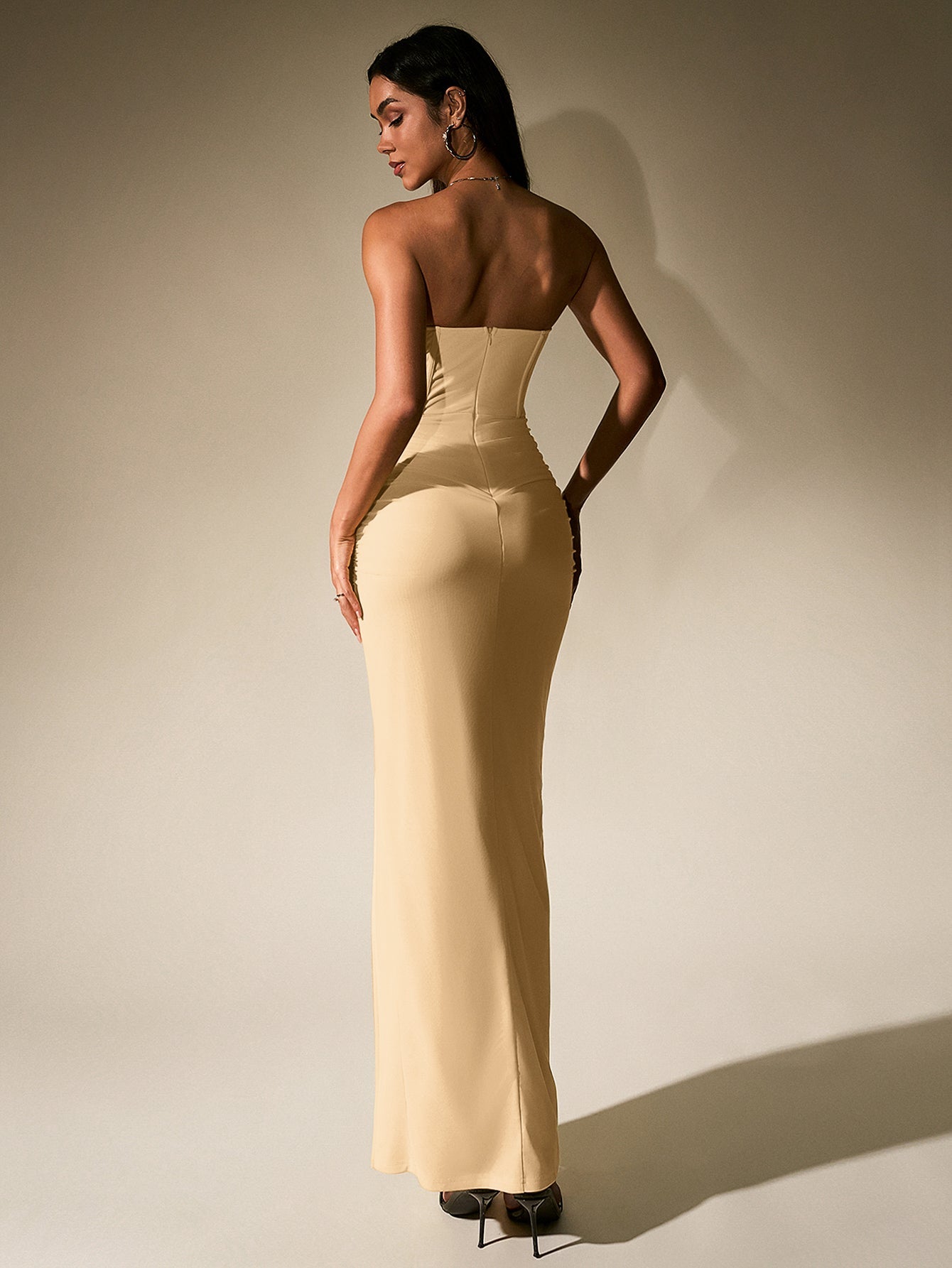 Temperament Mesh Solid High Slit Strapless Ruched Maxi Dress