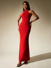 Solid Sleeveless Backless Halter Neck Bodycon Maxi Dress