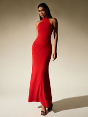 Solid Sleeveless Backless Halter Neck Bodycon Maxi Dress