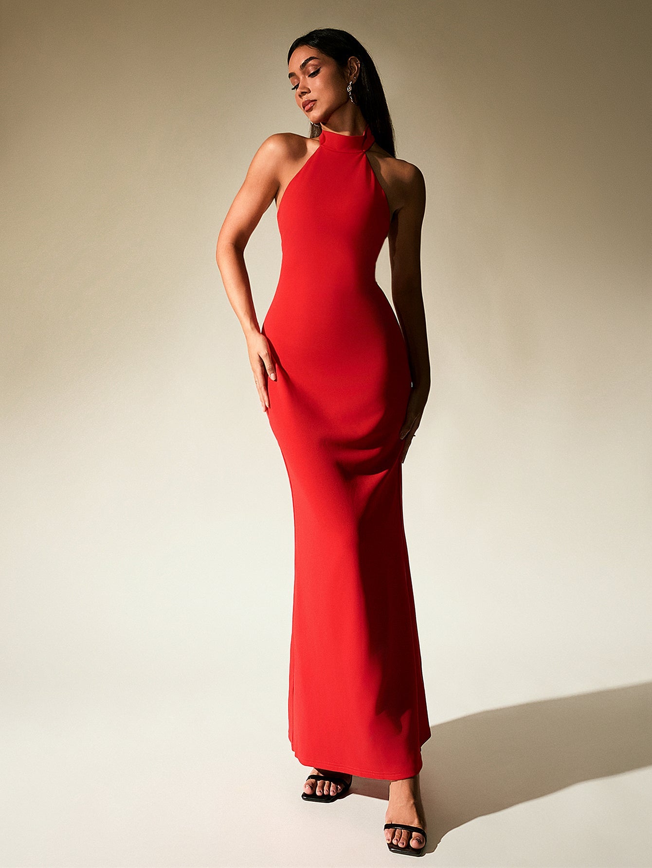 Solid Sleeveless Backless Halter Neck Bodycon Maxi Dress