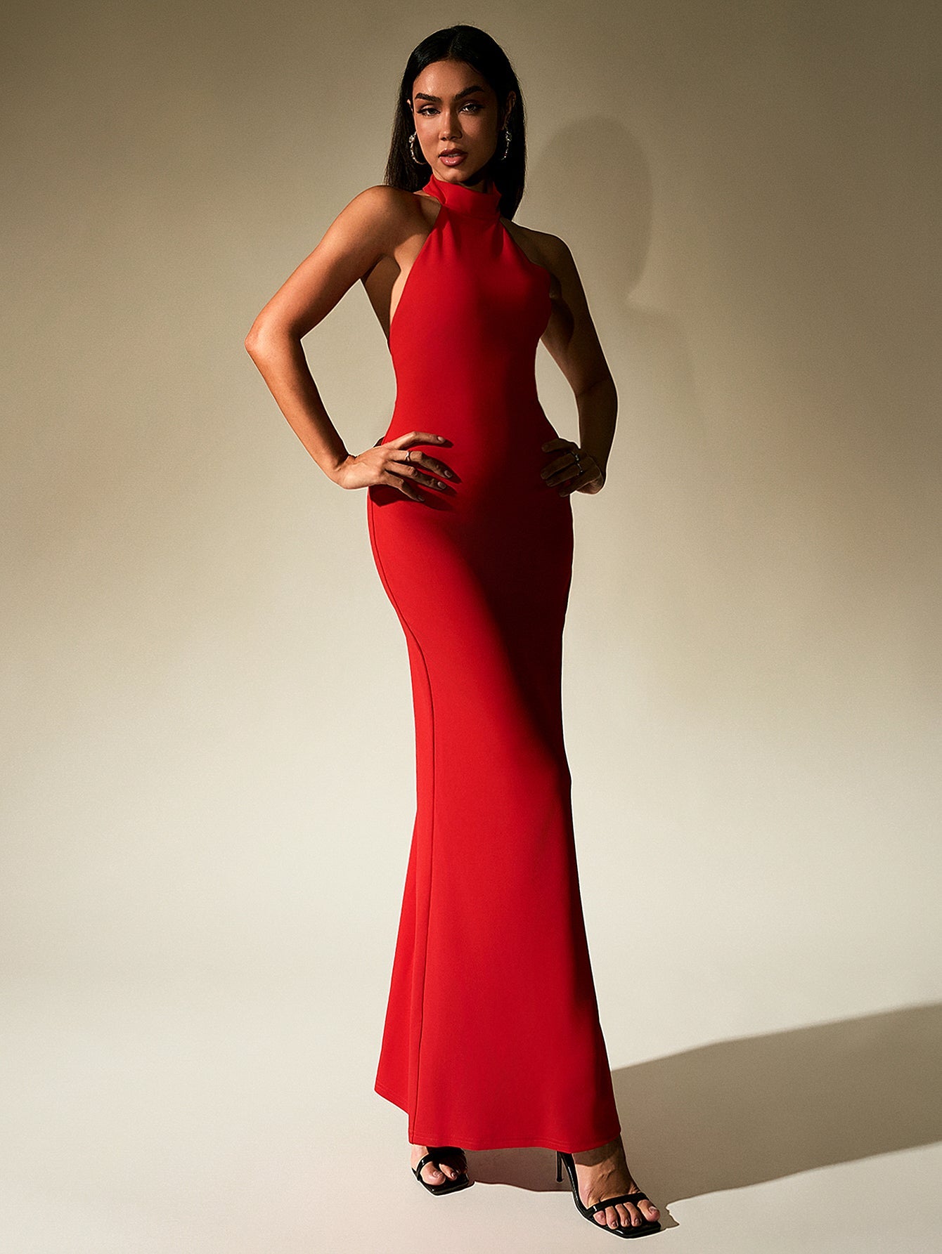 Solid Sleeveless Backless Halter Neck Bodycon Maxi Dress
