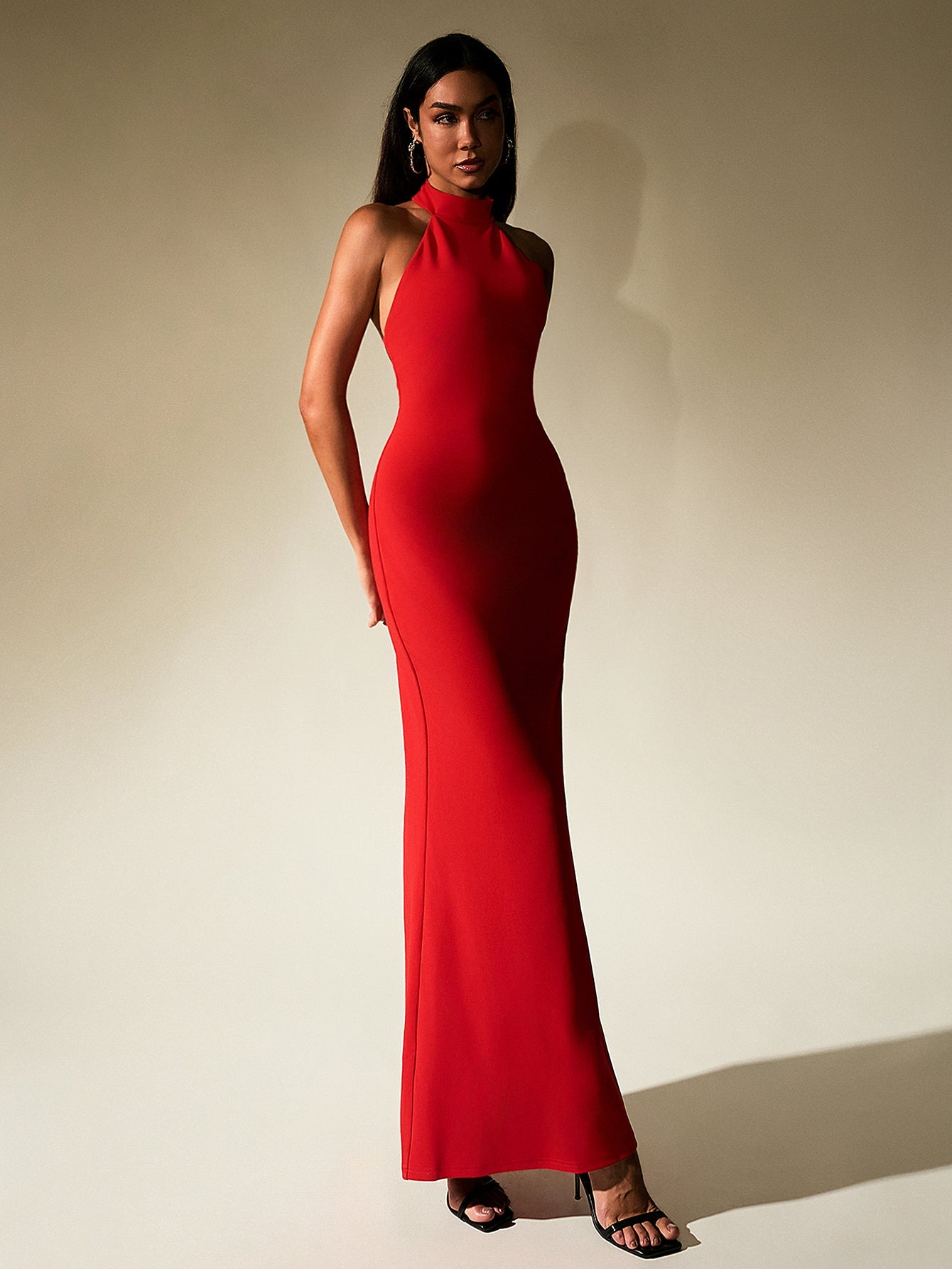Solid Sleeveless Backless Halter Neck Bodycon Maxi Dress