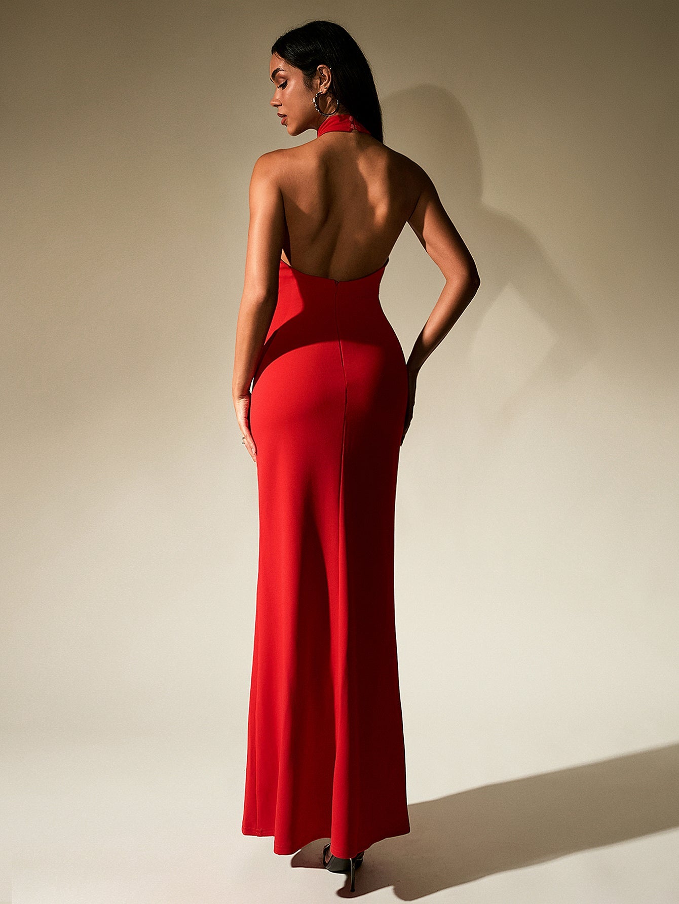 Solid Sleeveless Backless Halter Neck Bodycon Maxi Dress