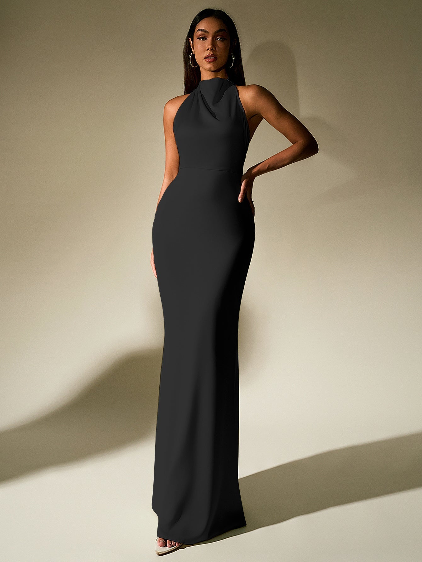 Temperament Solid Sleeveless Halter Neck Backless Bodycon Maxi Dress