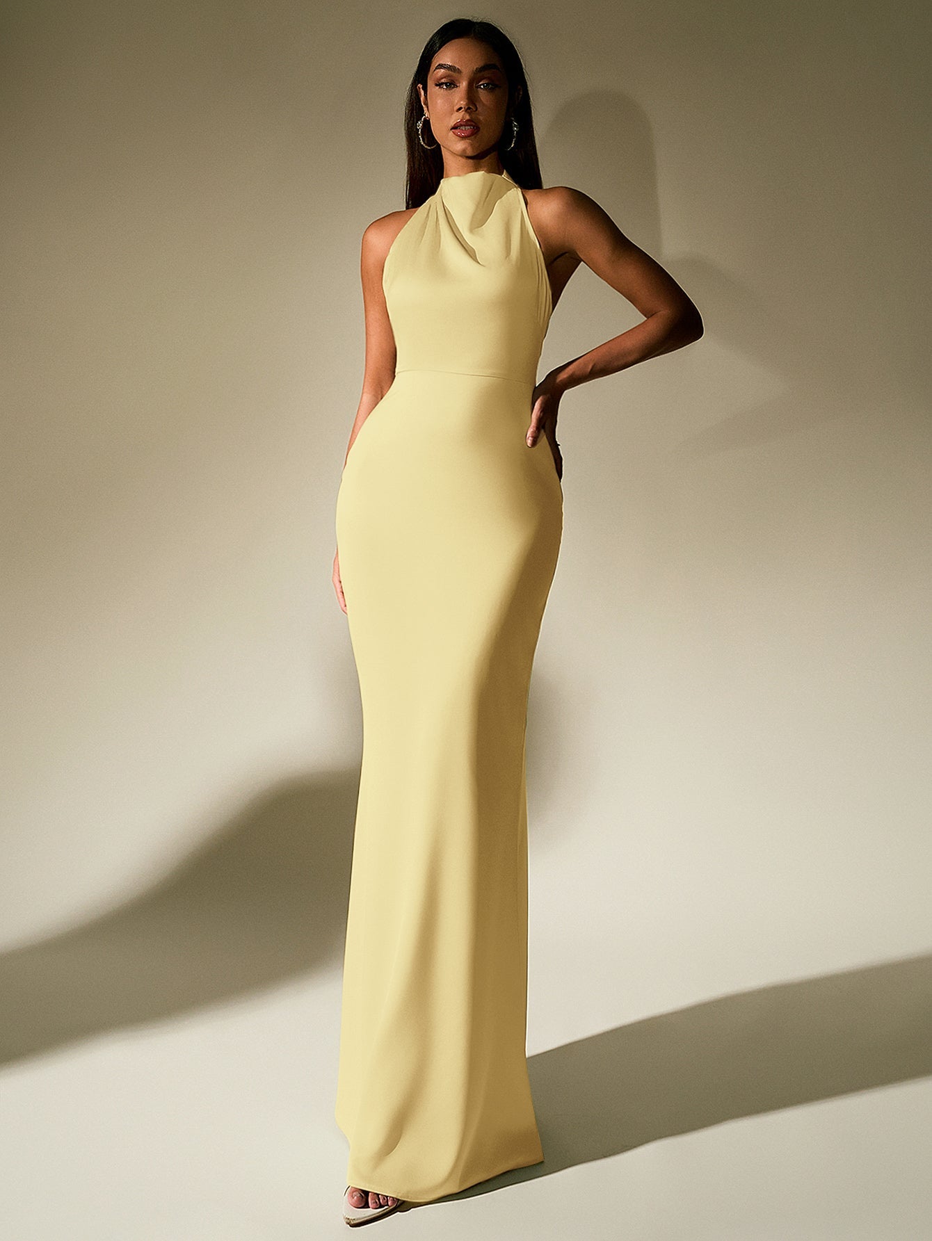 Temperament Solid Sleeveless Halter Neck Backless Bodycon Maxi Dress