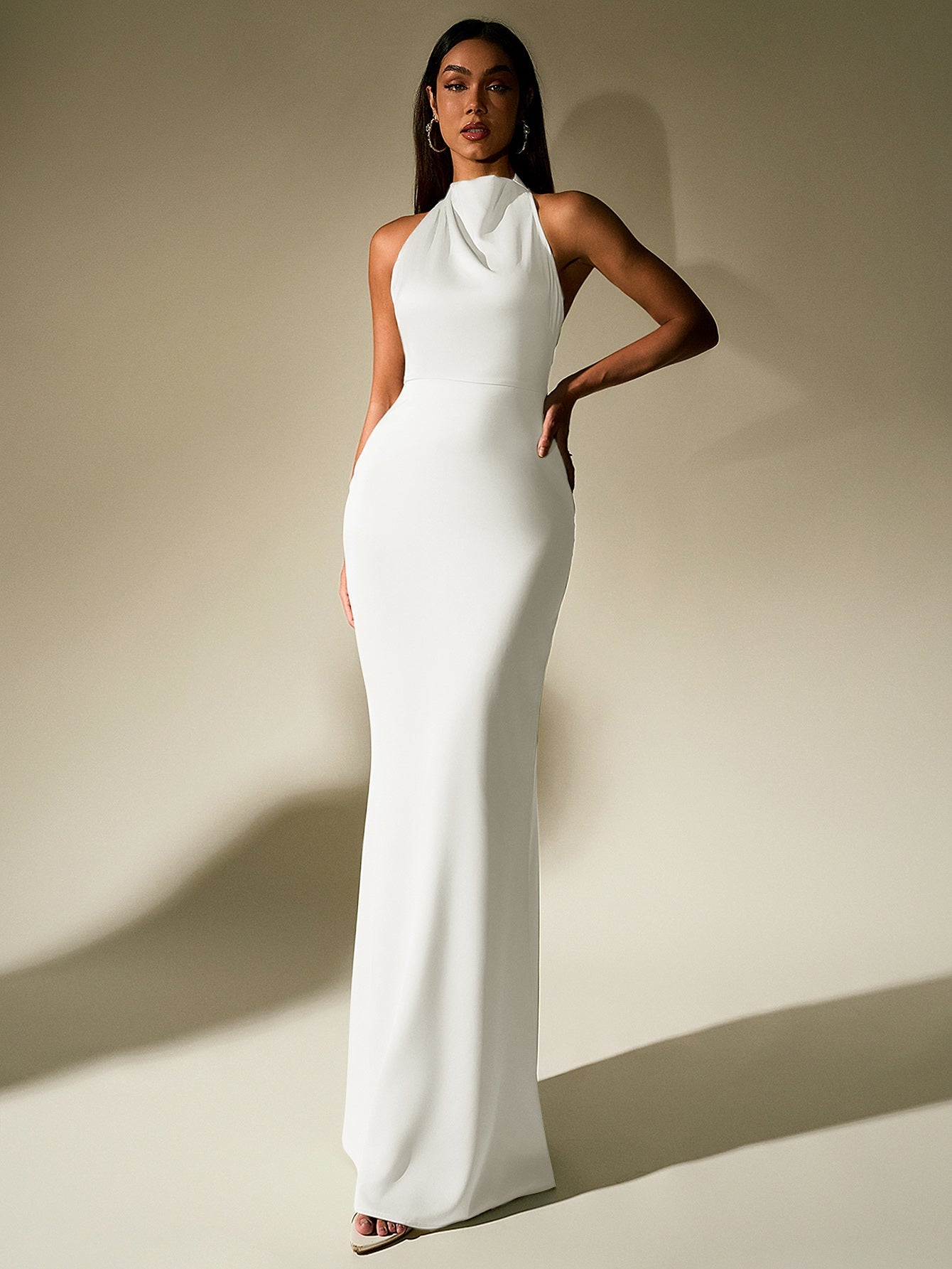 Temperament Solid Sleeveless Halter Neck Backless Bodycon Maxi Dress