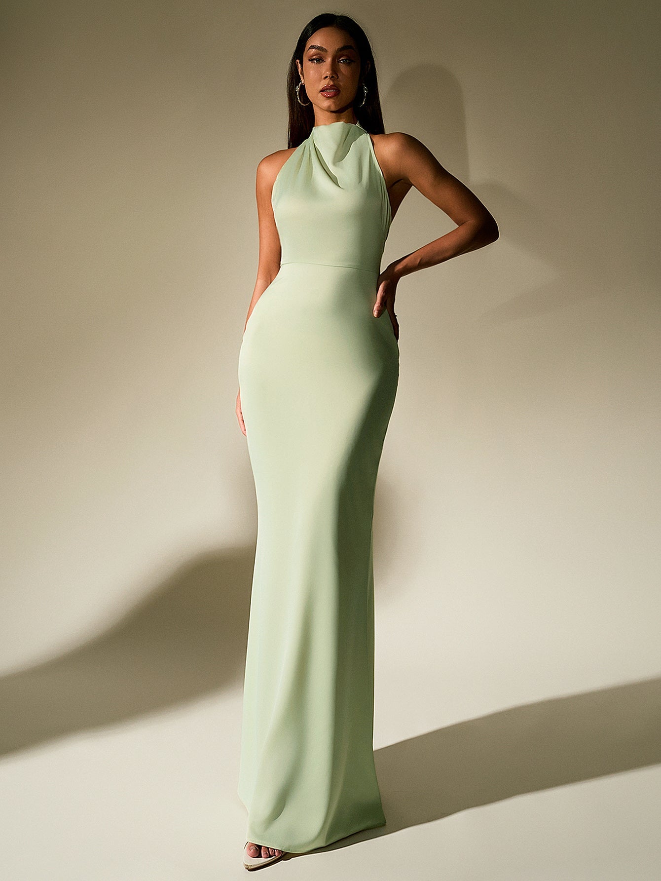 Temperament Solid Sleeveless Halter Neck Backless Bodycon Maxi Dress