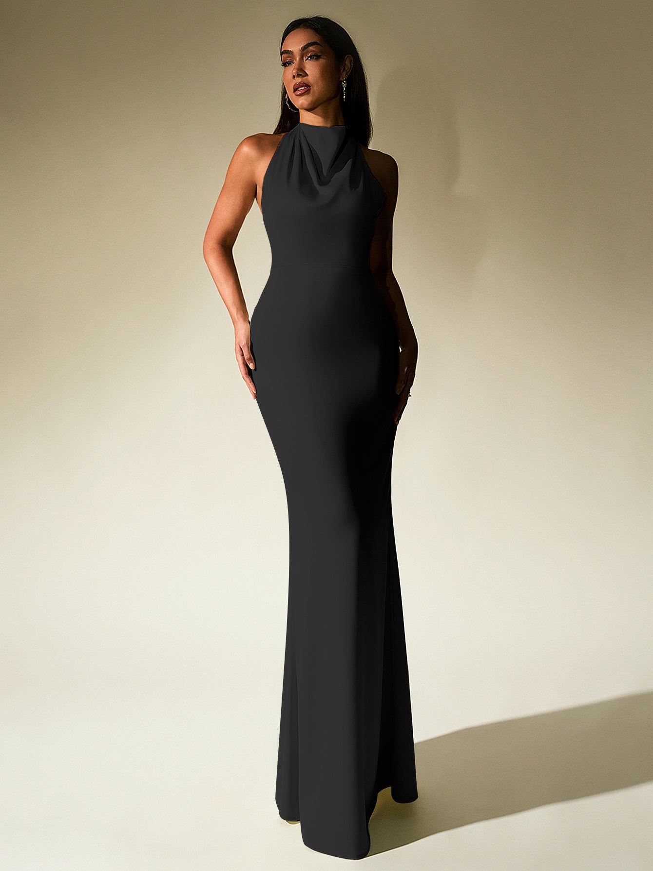 Temperament Solid Sleeveless Halter Neck Backless Bodycon Maxi Dress