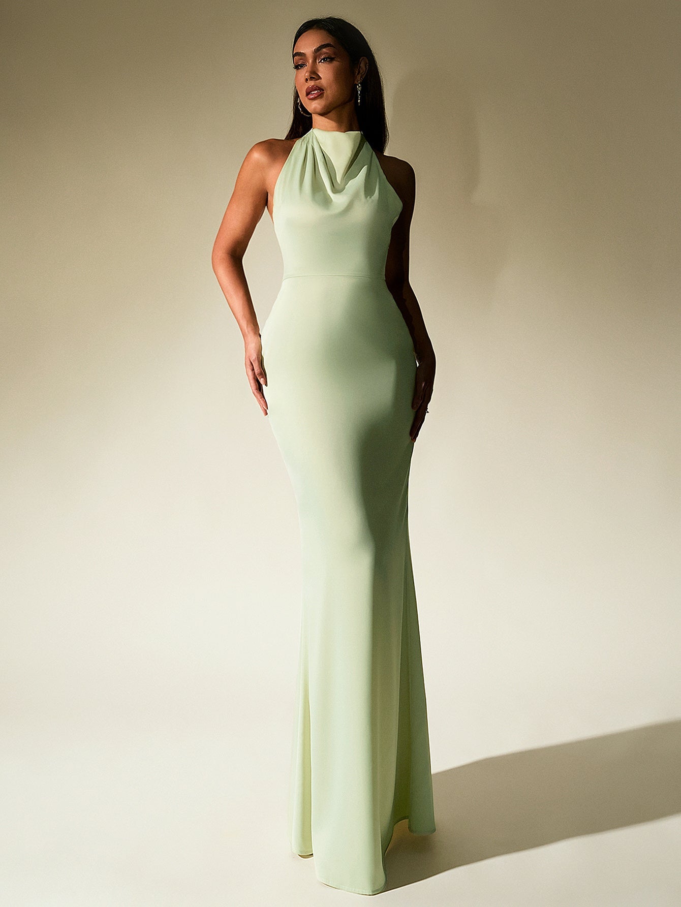 Temperament Solid Sleeveless Halter Neck Backless Bodycon Maxi Dress