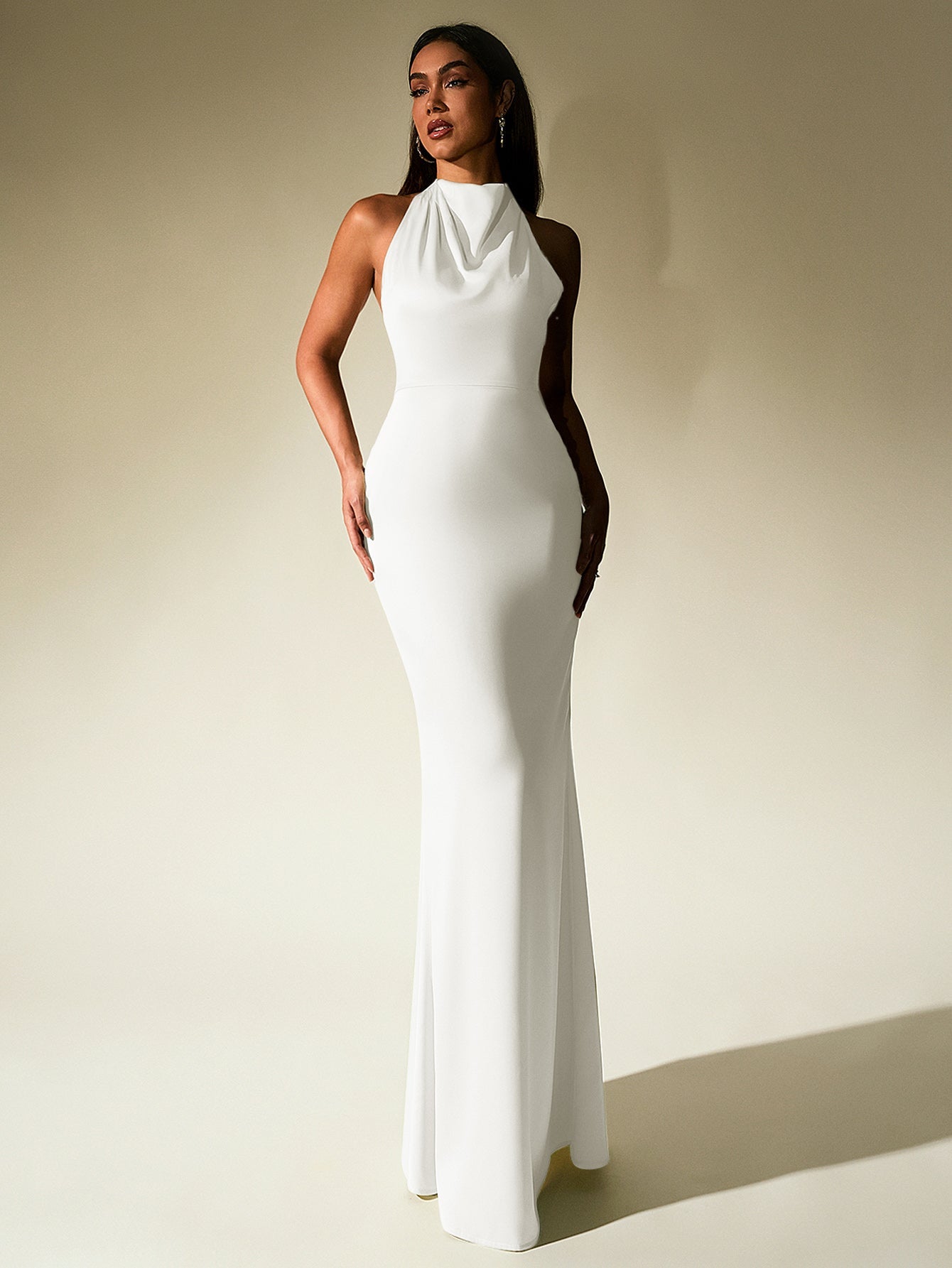 Temperament Solid Sleeveless Halter Neck Backless Bodycon Maxi Dress