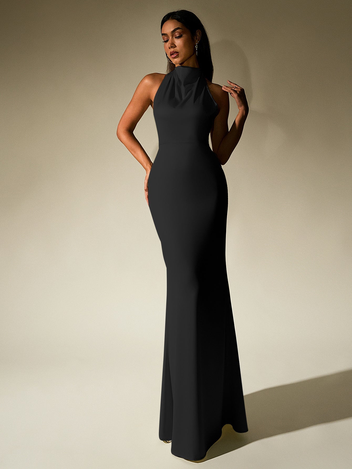 Temperament Solid Sleeveless Halter Neck Backless Bodycon Maxi Dress