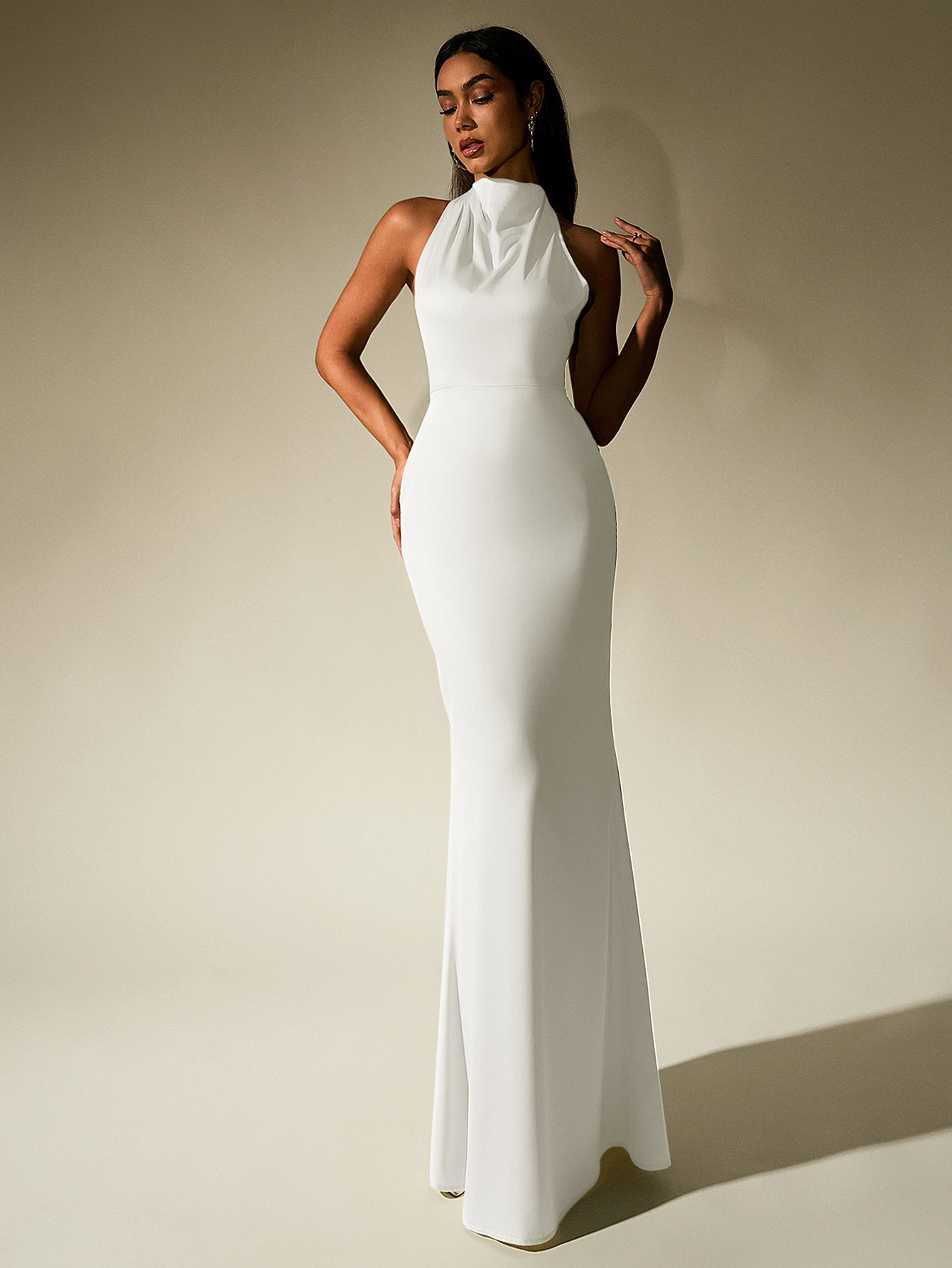 Temperament Solid Sleeveless Halter Neck Backless Bodycon Maxi Dress