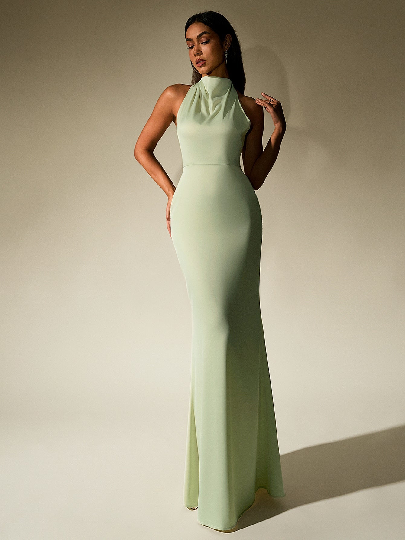 Temperament Solid Sleeveless Halter Neck Backless Bodycon Maxi Dress