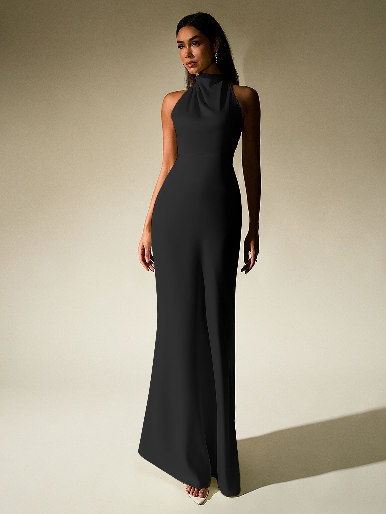 Temperament Solid Sleeveless Halter Neck Backless Bodycon Maxi Dress