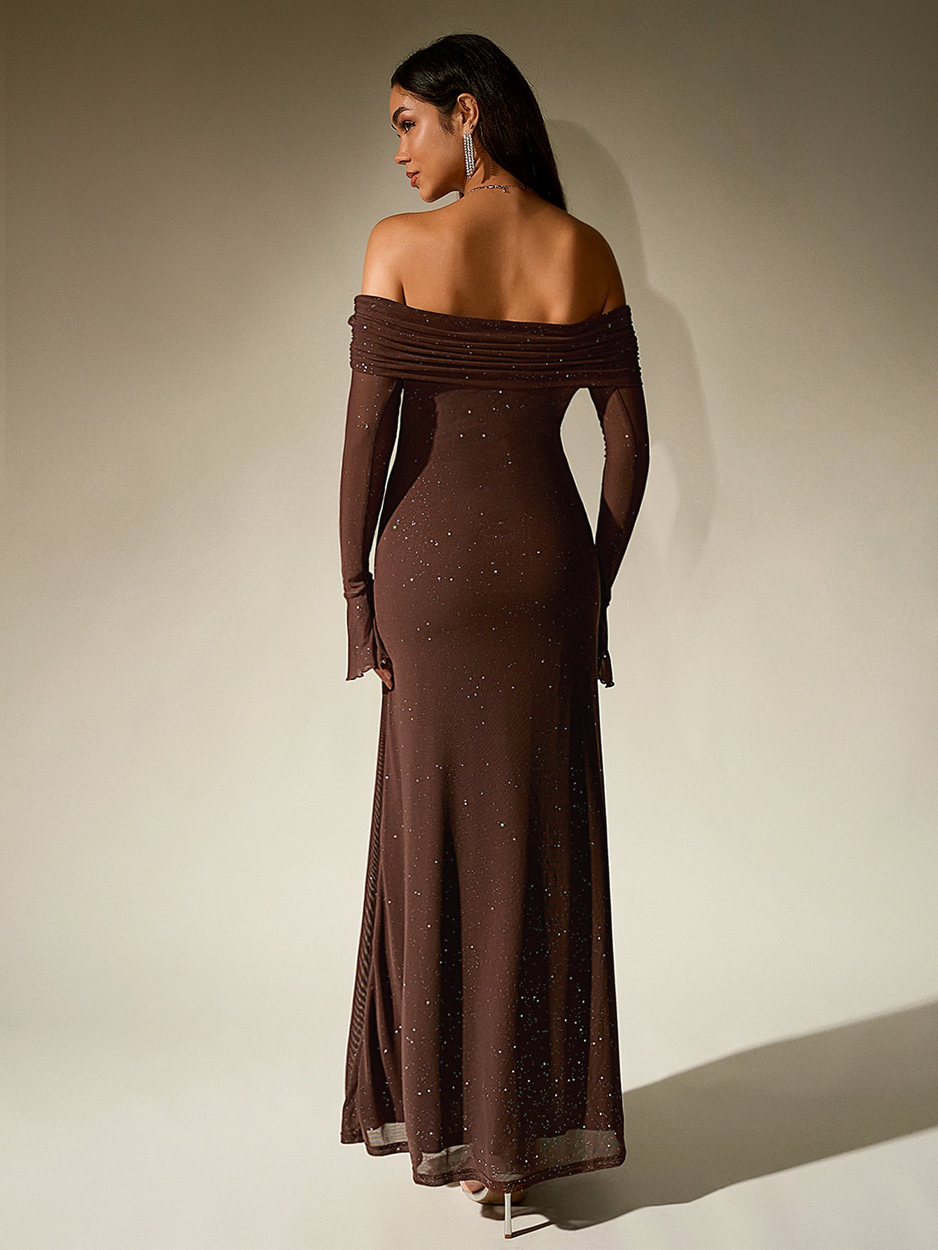 Elegant Mesh Sparkly Off-Shoulder Backless Long-Sleeved Bodycon Maxi Dress