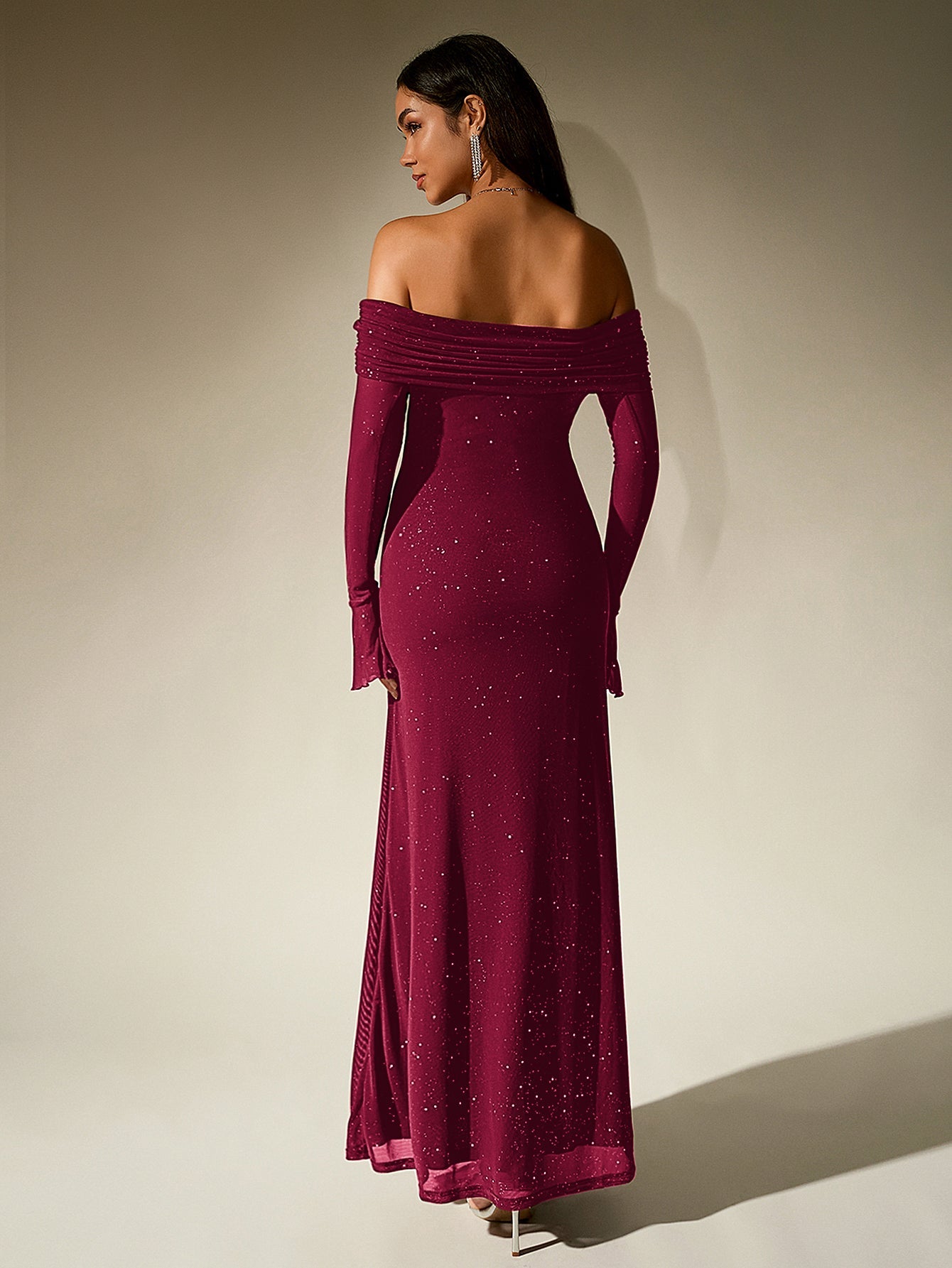 Elegant Mesh Sparkly Off-Shoulder Backless Long-Sleeved Bodycon Maxi Dress