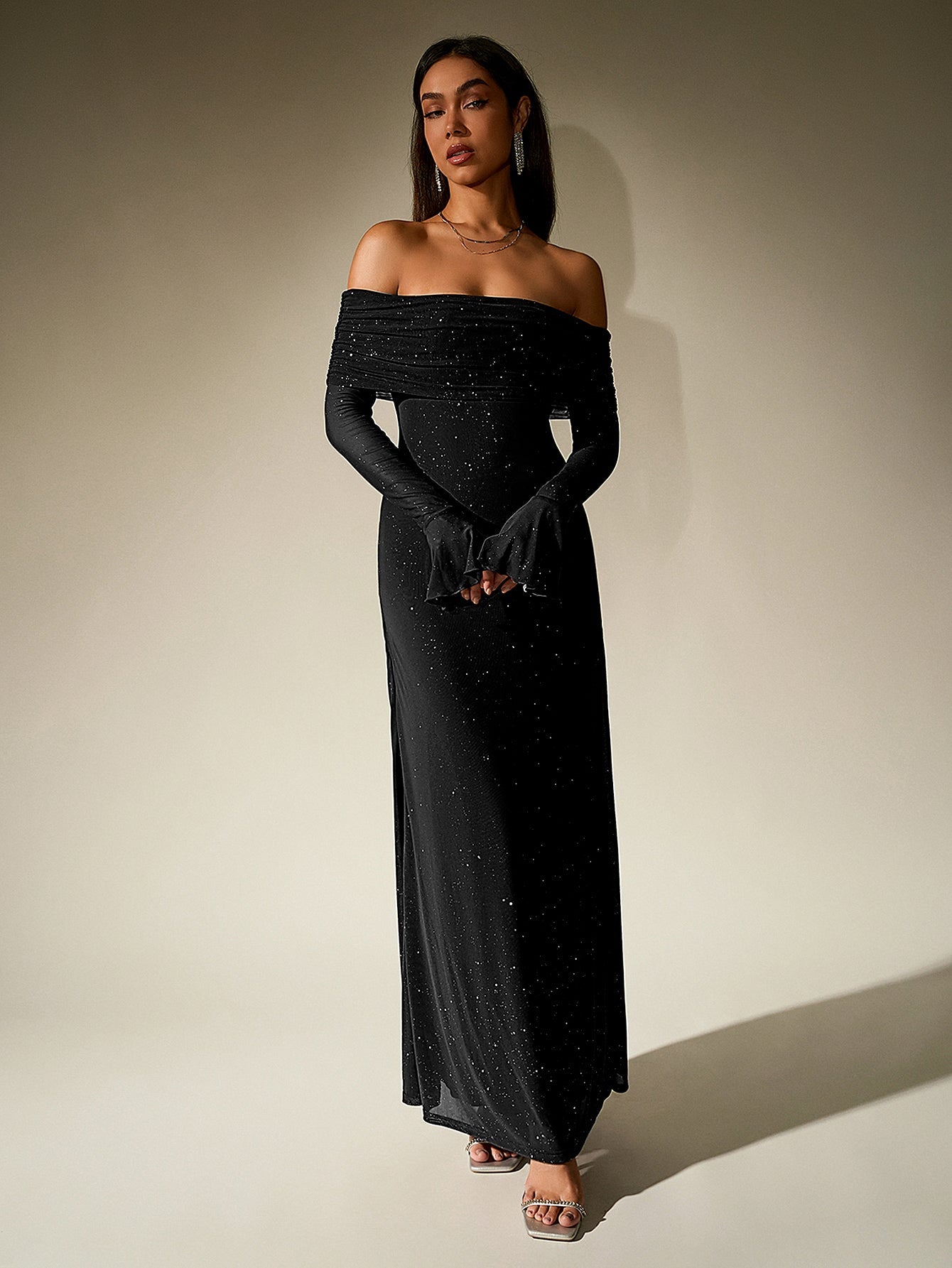 Elegant Mesh Sparkly Off-Shoulder Backless Long-Sleeved Bodycon Maxi Dress