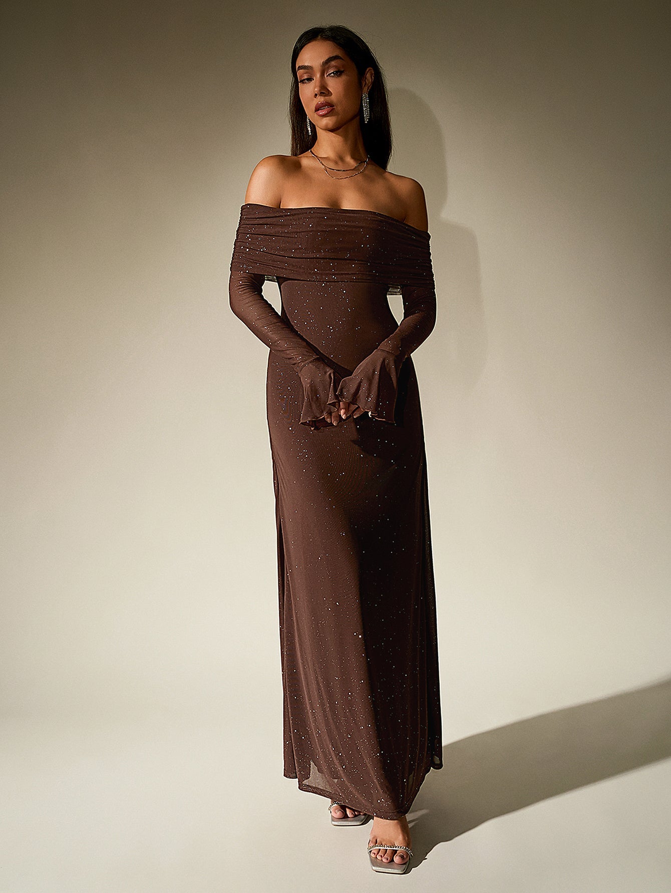 Elegant Mesh Sparkly Off-Shoulder Backless Long-Sleeved Bodycon Maxi Dress