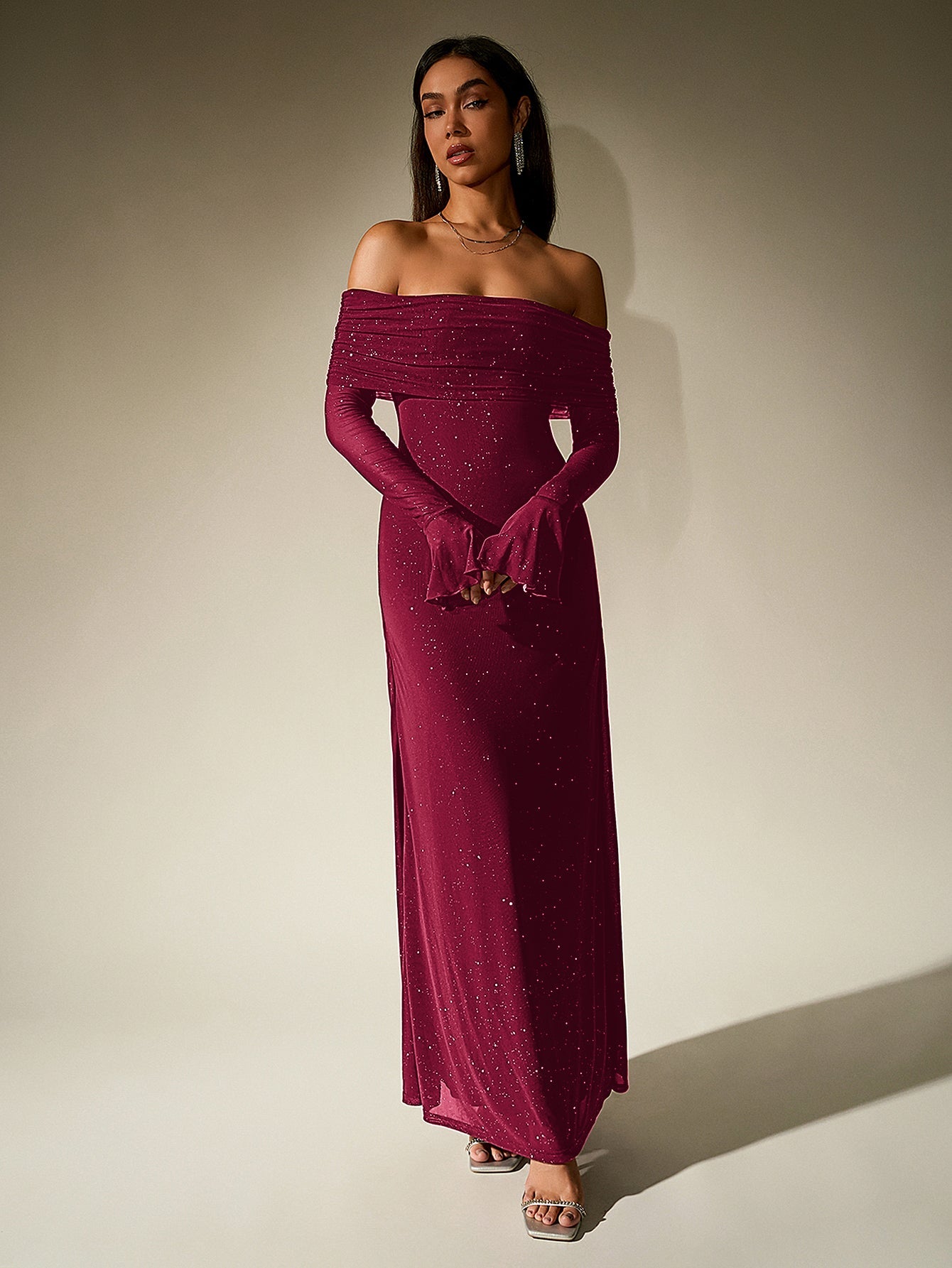 Elegant Mesh Sparkly Off-Shoulder Backless Long-Sleeved Bodycon Maxi Dress