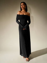 Elegant Mesh Sparkly Off-Shoulder Backless Long-Sleeved Bodycon Maxi Dress