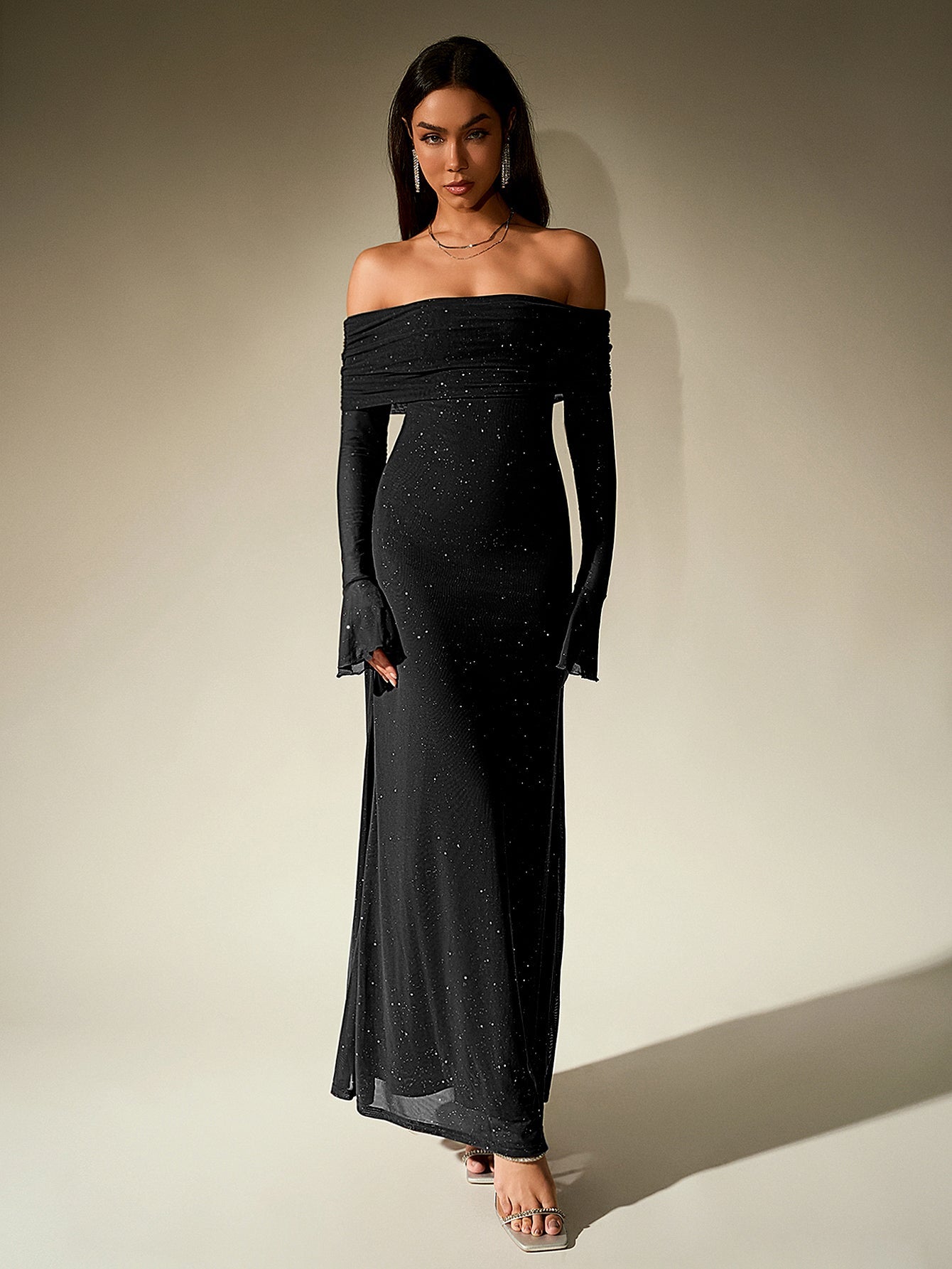 Elegant Mesh Sparkly Off-Shoulder Backless Long-Sleeved Bodycon Maxi Dress