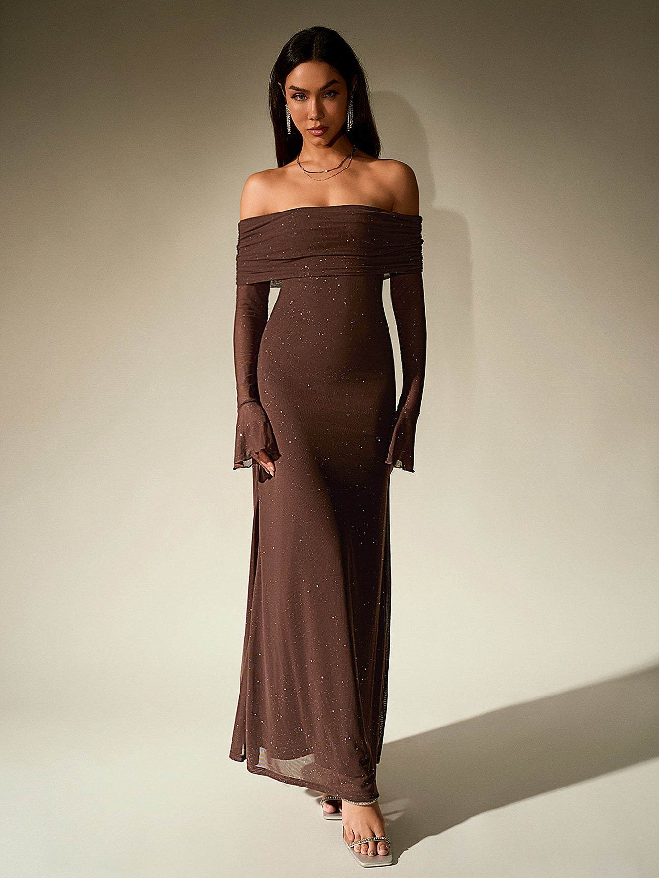 Elegant Mesh Sparkly Off-Shoulder Backless Long-Sleeved Bodycon Maxi Dress