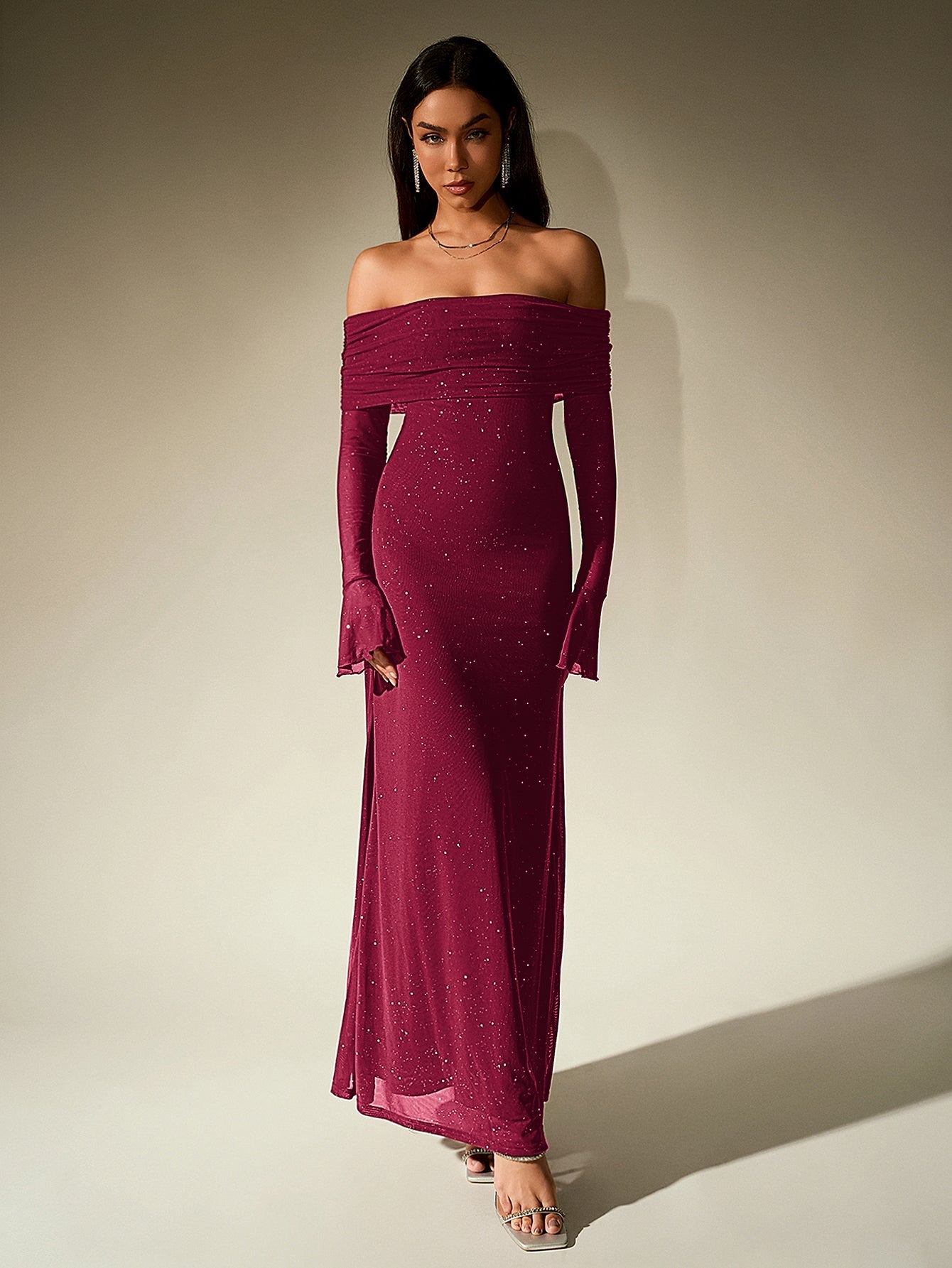 Elegant Mesh Sparkly Off-Shoulder Backless Long-Sleeved Bodycon Maxi Dress