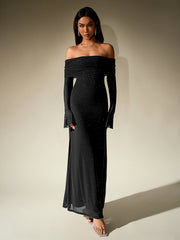Elegant Mesh Sparkly Off-Shoulder Backless Long-Sleeved Bodycon Maxi Dress