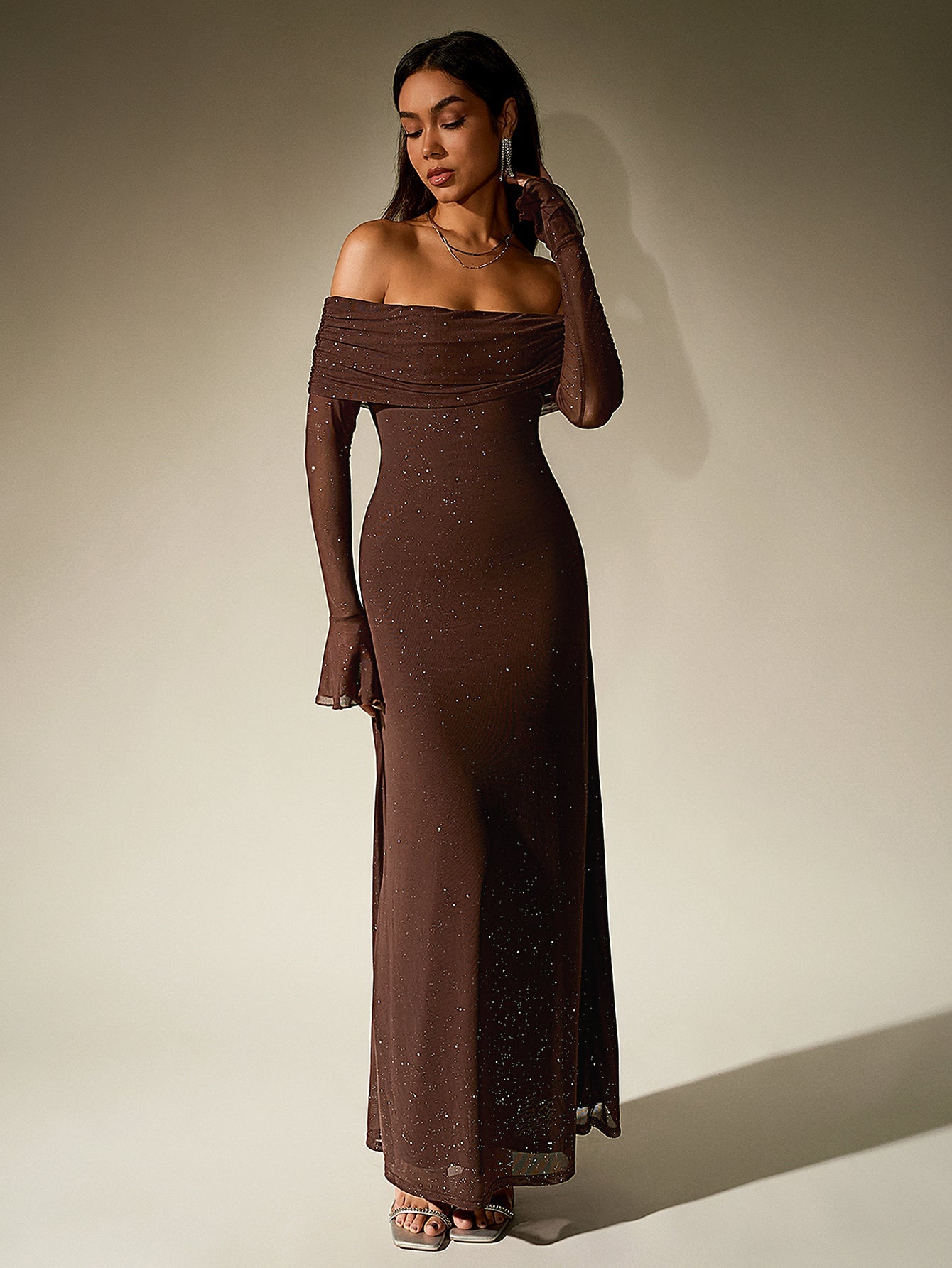 Elegant Mesh Sparkly Off-Shoulder Backless Long-Sleeved Bodycon Maxi Dress