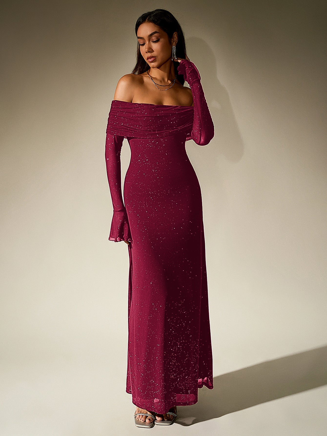 Elegant Mesh Sparkly Off-Shoulder Backless Long-Sleeved Bodycon Maxi Dress