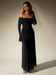 Elegant Mesh Sparkly Off-Shoulder Backless Long-Sleeved Bodycon Maxi Dress