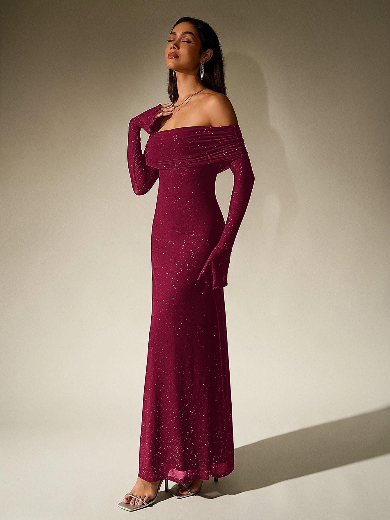 Elegant Mesh Sparkly Off-Shoulder Backless Long-Sleeved Bodycon Maxi Dress