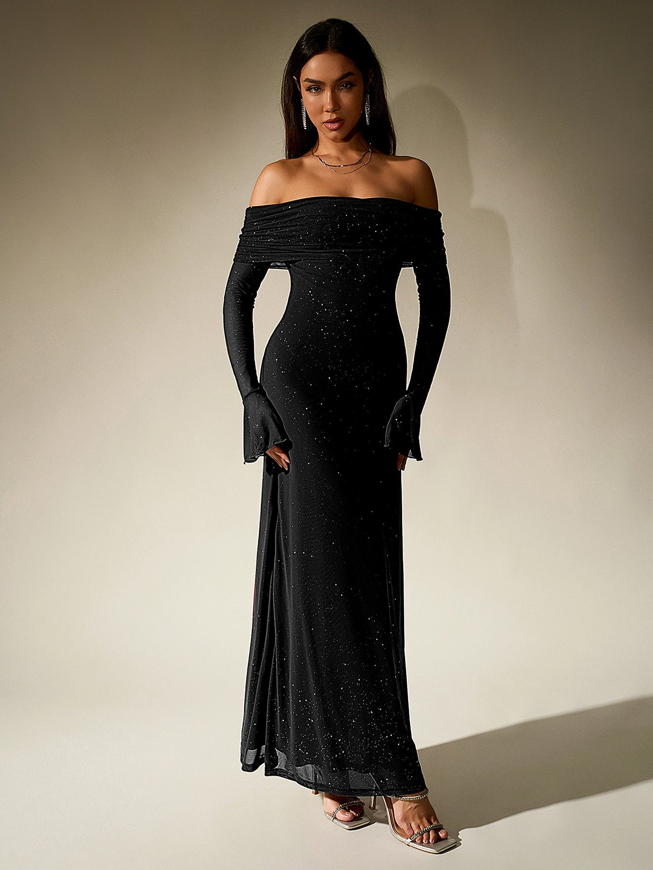 Elegant Mesh Sparkly Off-Shoulder Backless Long-Sleeved Bodycon Maxi Dress