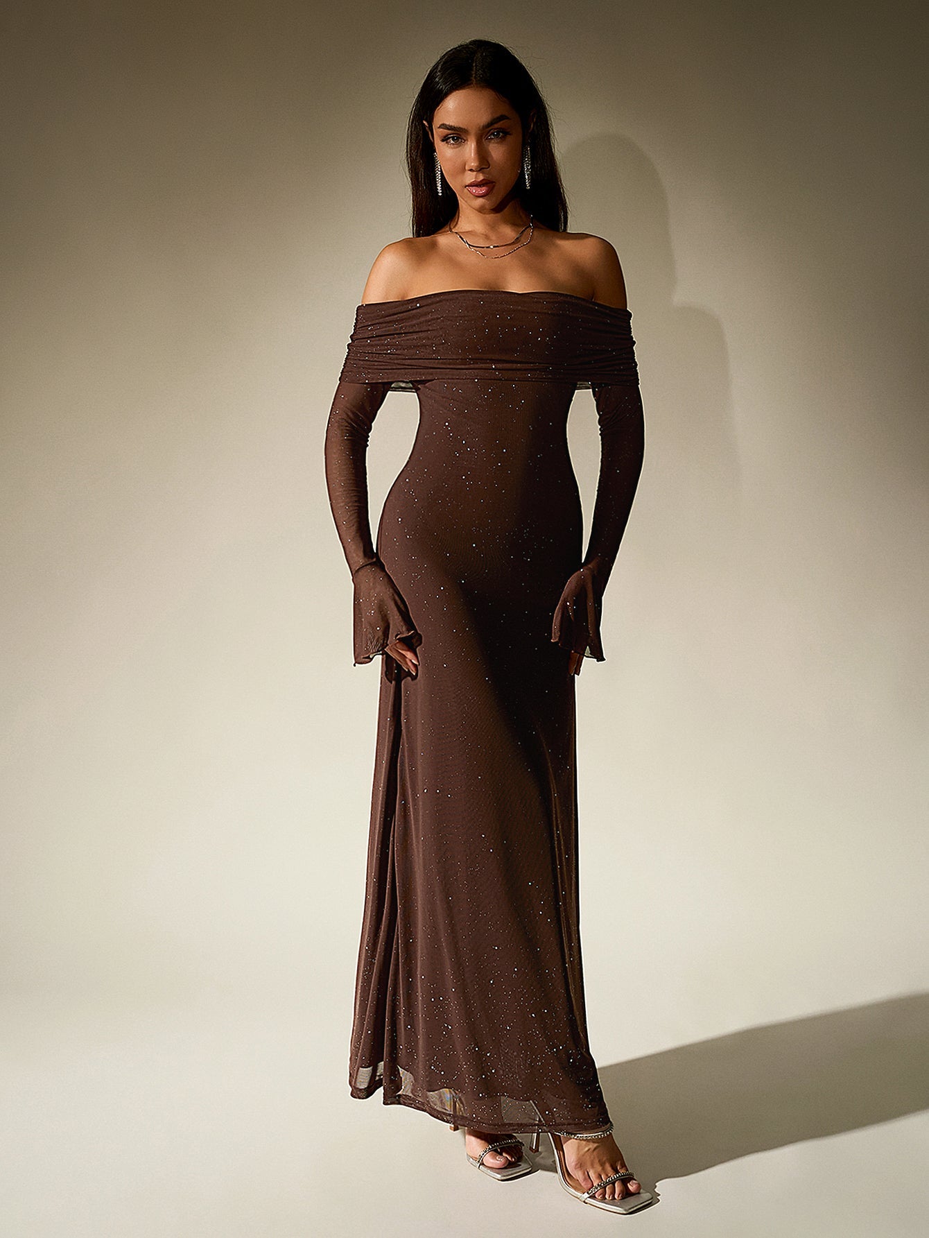 Elegant Mesh Sparkly Off-Shoulder Backless Long-Sleeved Bodycon Maxi Dress