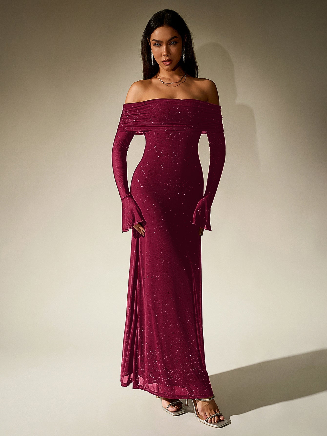 Elegant Mesh Sparkly Off-Shoulder Backless Long-Sleeved Bodycon Maxi Dress