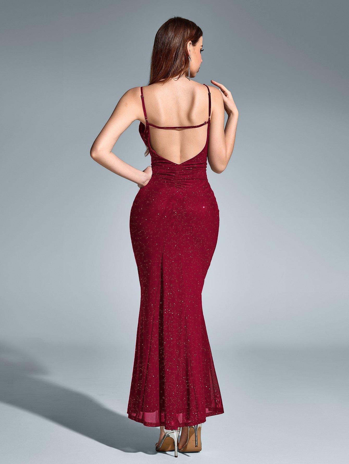 Deep V-Neck Backless Mermaid Mesh Sequin Dress