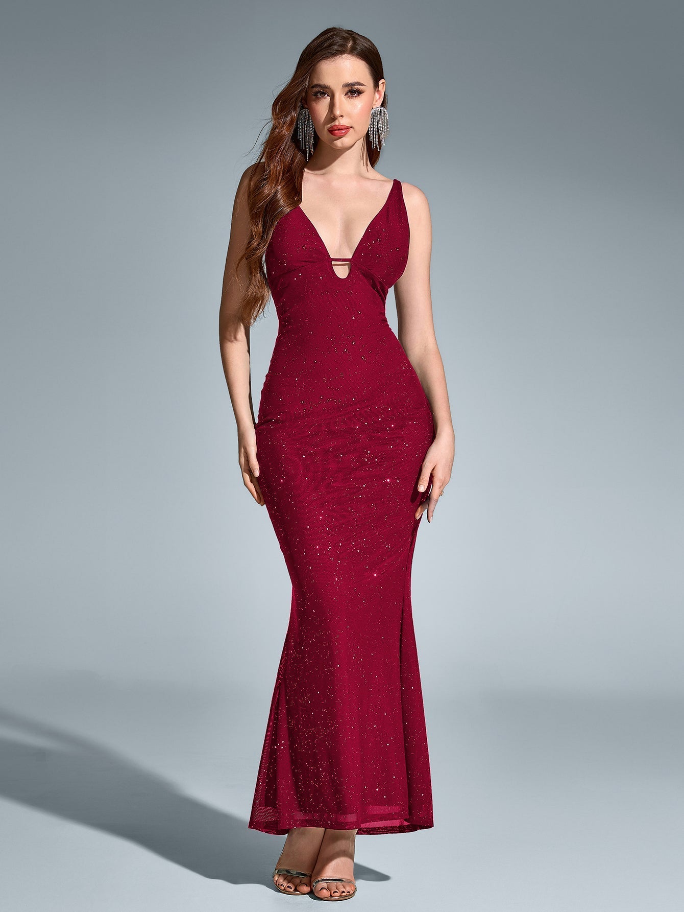 Deep V-Neck Backless Mermaid Mesh Sequin Dress