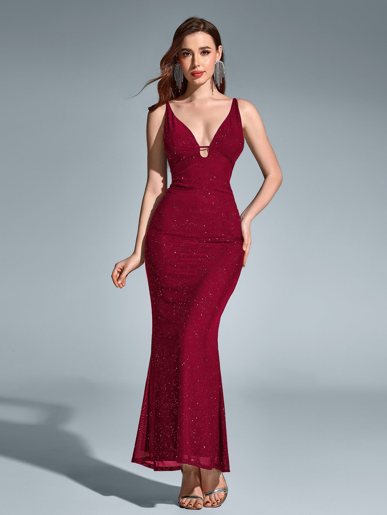 Deep V-Neck Backless Mermaid Mesh Sequin Dress