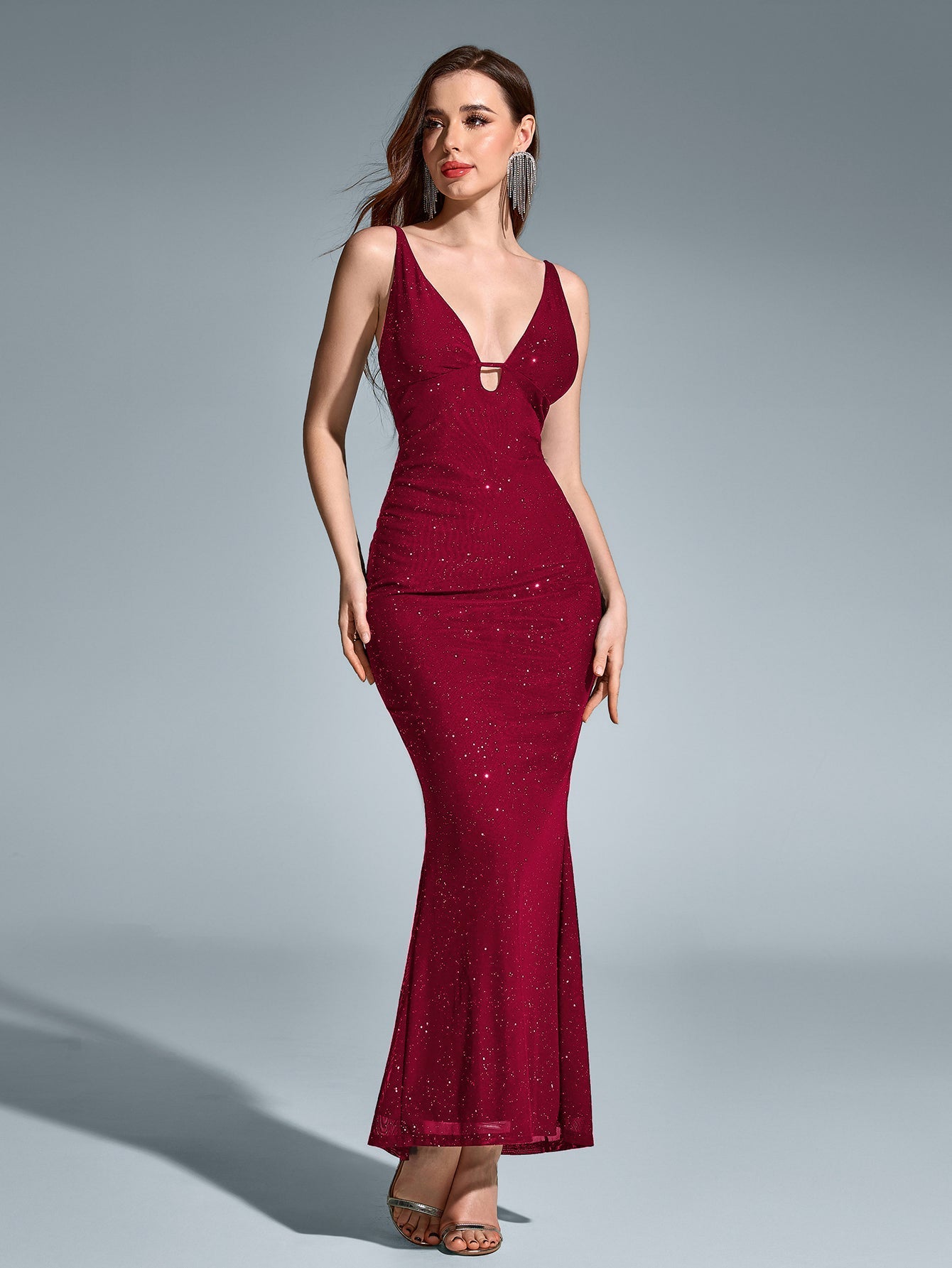 Deep V-Neck Backless Mermaid Mesh Sequin Dress