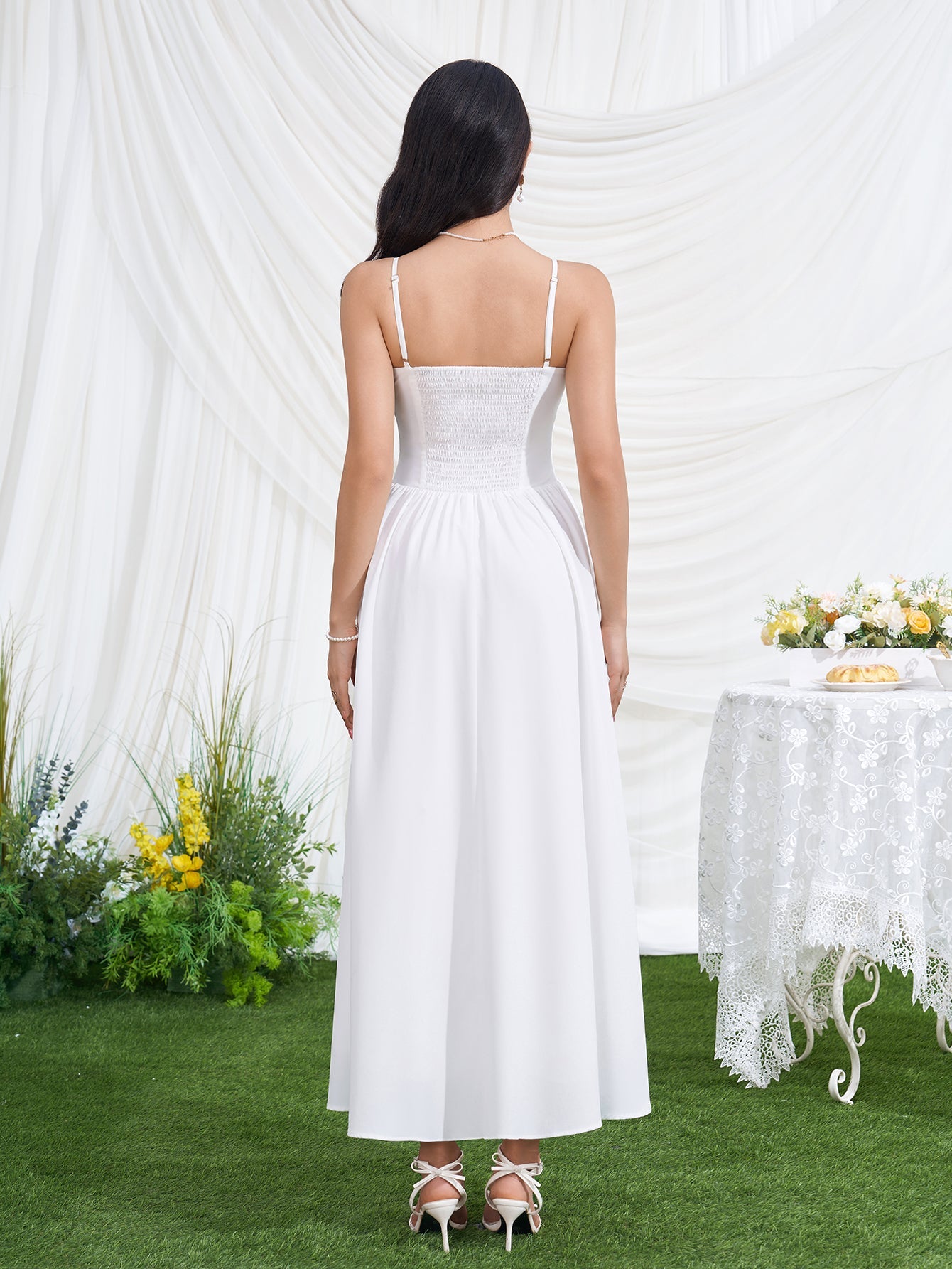 Deep V-Neck Backless Ruched Pocket Cami Dress