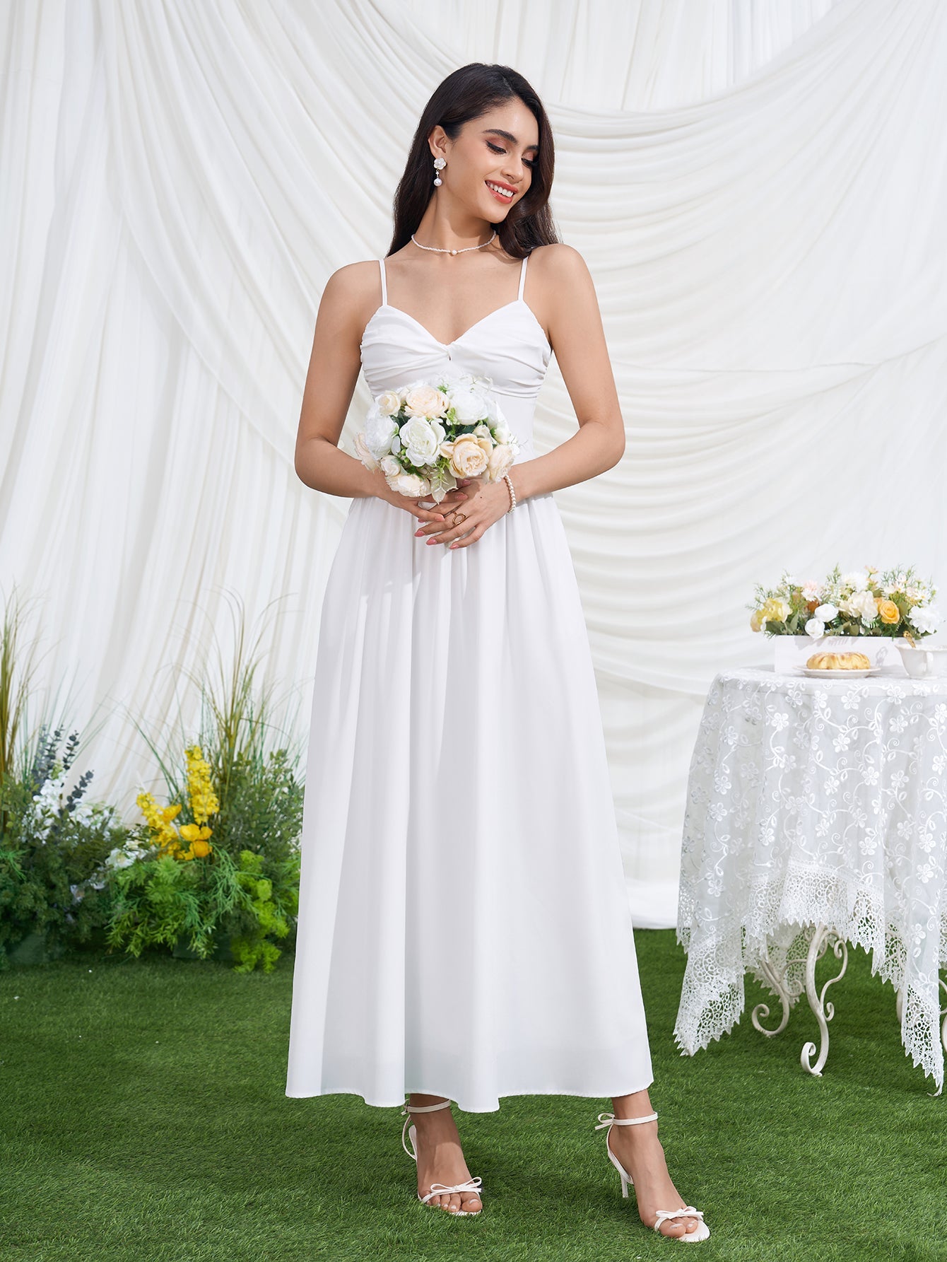 Deep V-Neck Backless Ruched Pocket Cami Dress