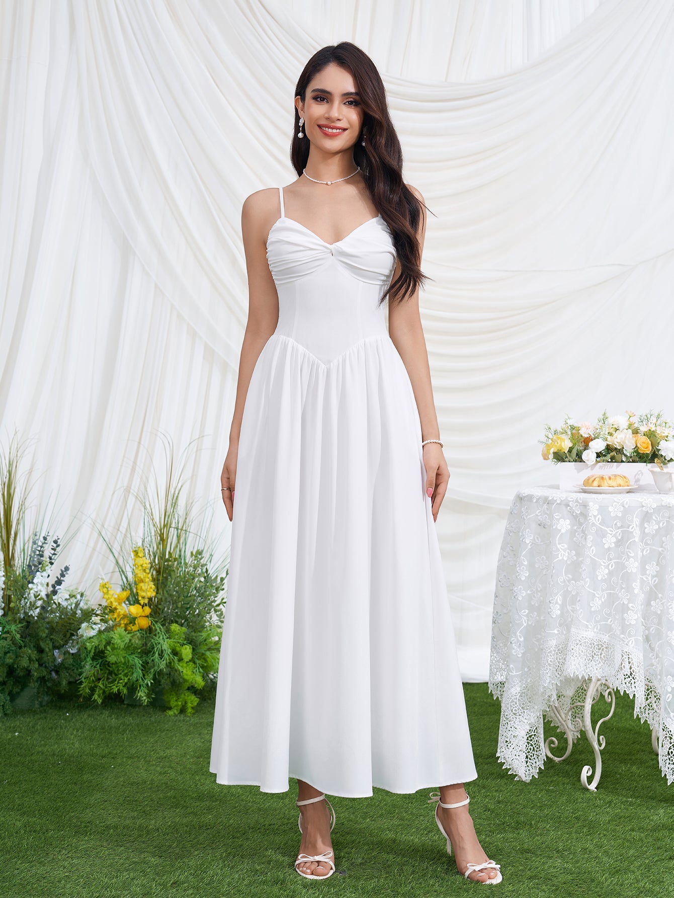 Deep V-Neck Backless Ruched Pocket Cami Dress
